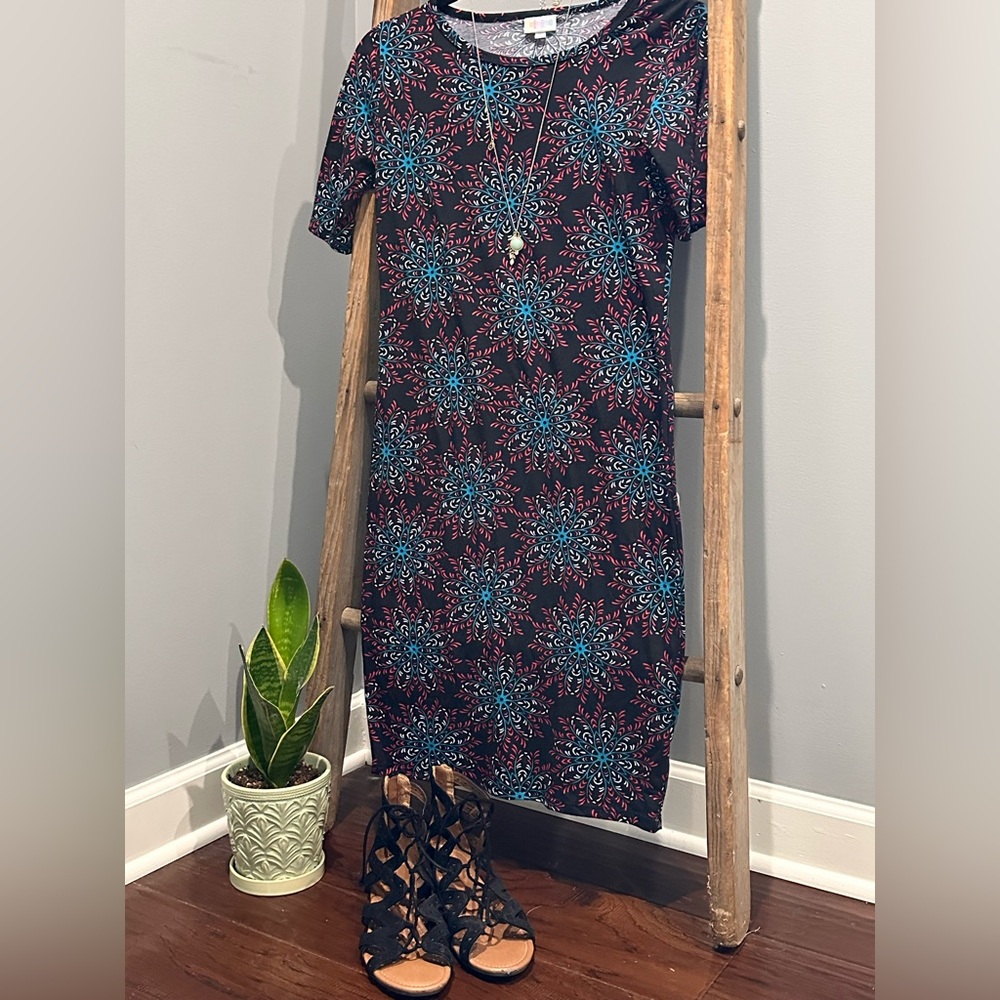 LuLaRoe Blue Sheath Midi Dress with Crew Neck